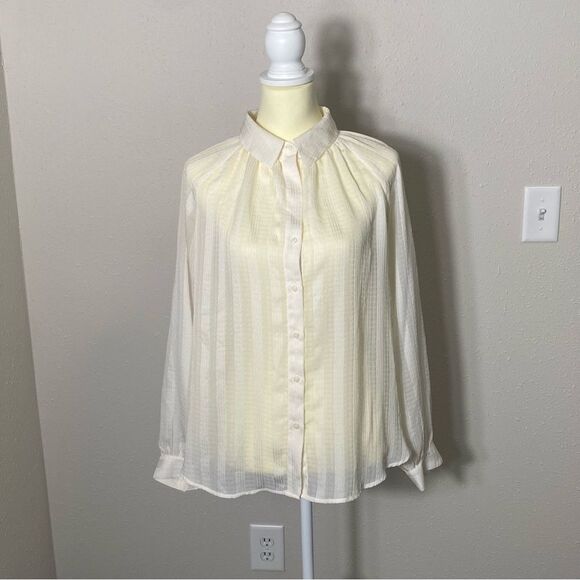 Banana Republic Sheer Vertical Striped Ivory Button Up Blouse Women's Size Large - Picture 13 of 13